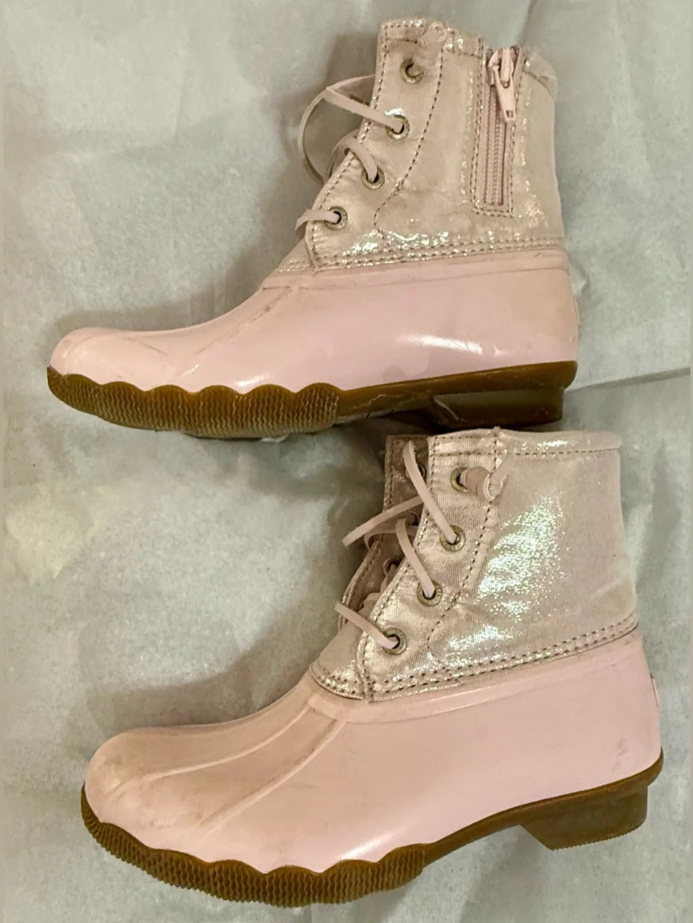 Sperry Saltwater Duck Boots pink rubber duck shell, shimmer metallic blush upper